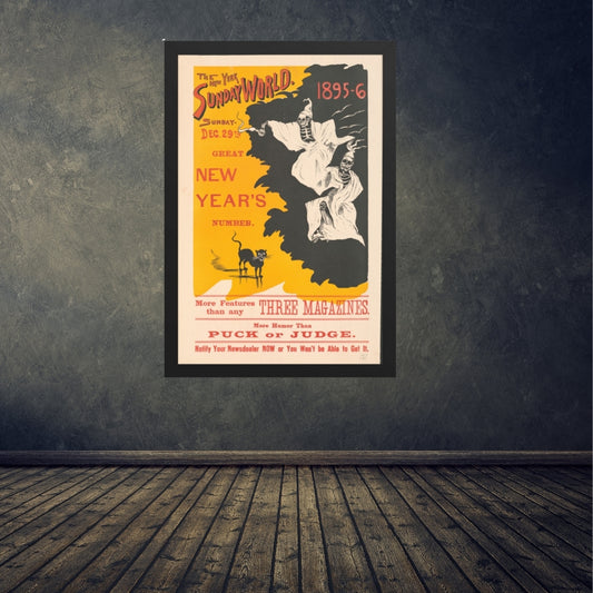 a framed vintage-style poster "the new york world new years" with text and graphics