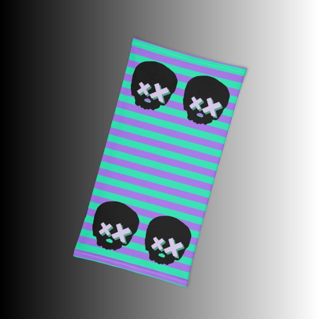 grunge striped neck gaiter with x-eyed skulls