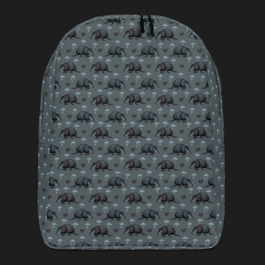 an emo armadillo patterned backpack with broken hearts and storm clouds in storm grey shades