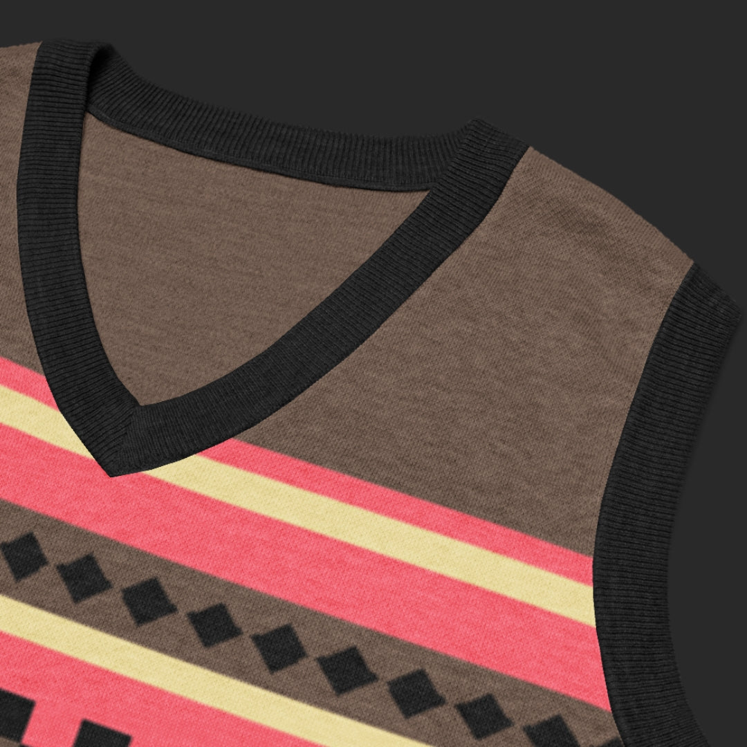 An alt style knitted vest with an irregular unexpected pattern and cool color combination of toffee and hot pink