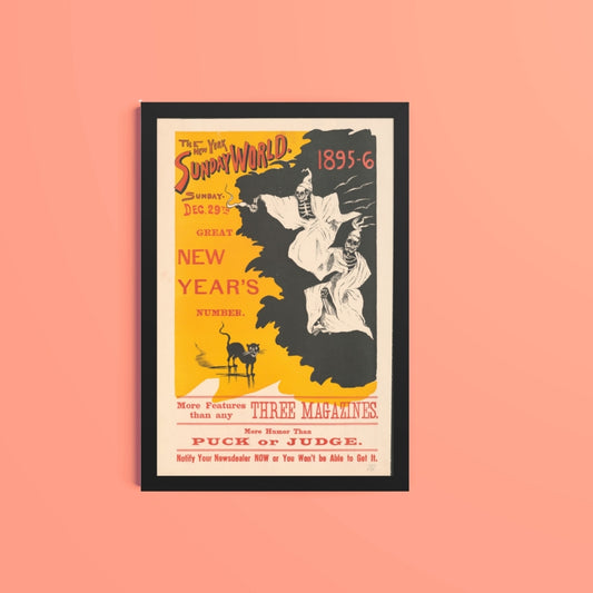 a framed vintage-style poster "the new york world new years" with text and graphics