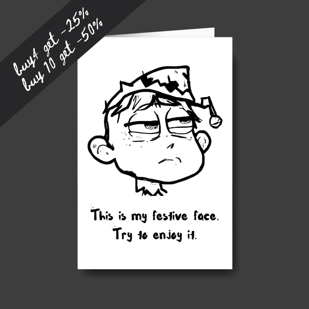 a tired elf sad Christmas greeting card