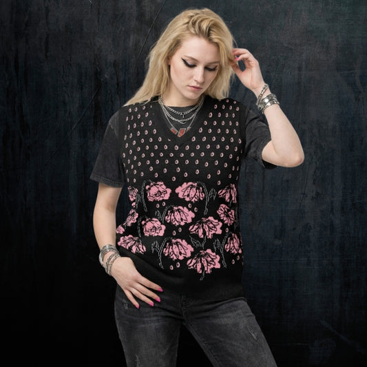 Alt style person wearing a black knitted vest with crying pink flowers and droplets