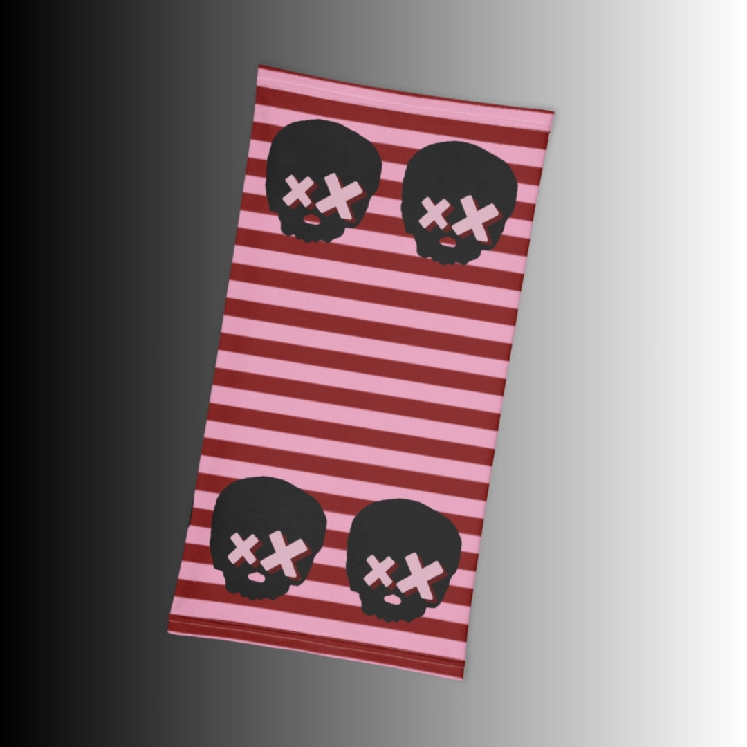 grunge striped neck gaiter with x-eyed skulls
