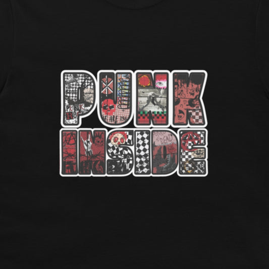 A black tee with large "PUNK INSIDE" text and the letters filled with punk symbols collage
