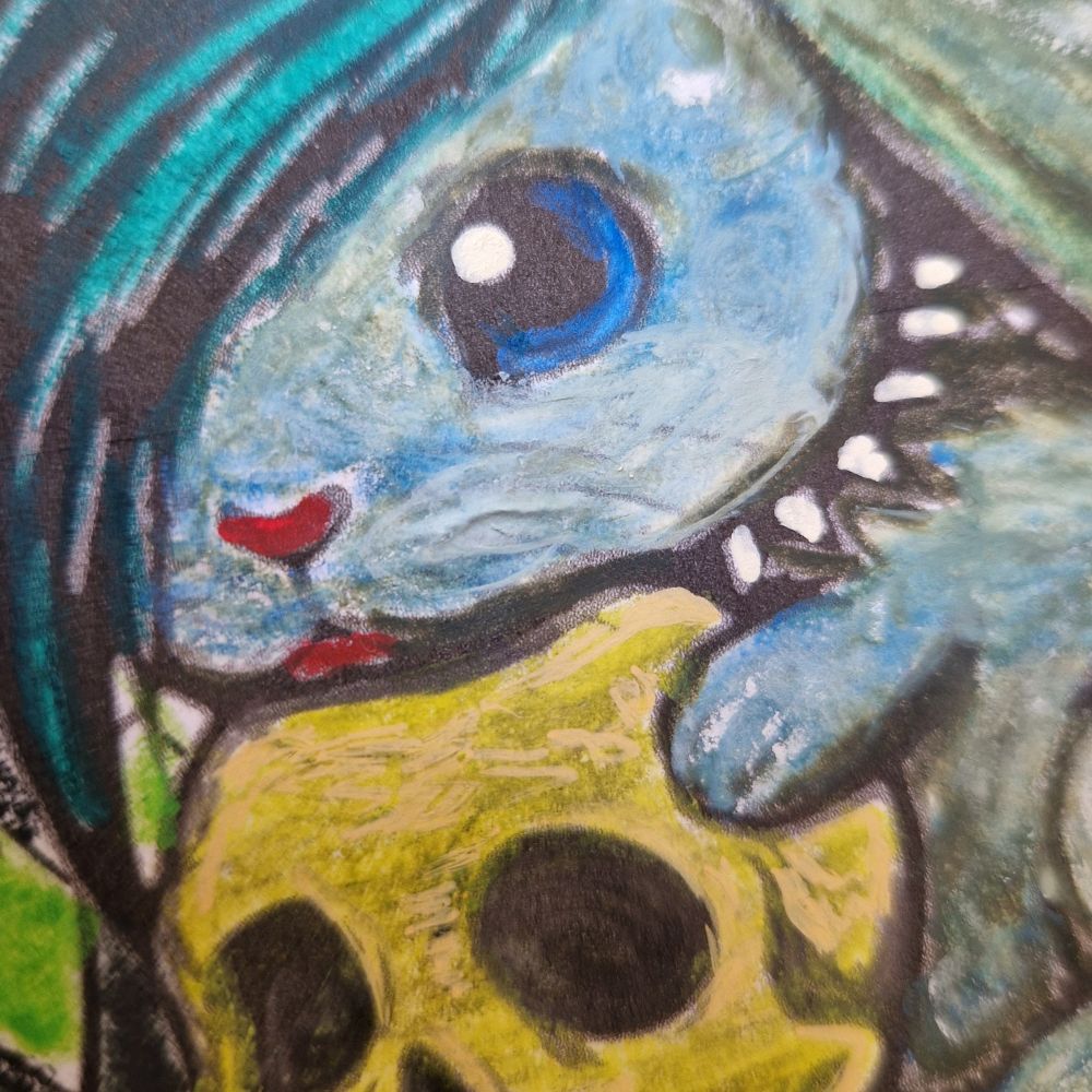 a detail with a bunny holding a skull from the "distorted but still here" distorted checkers emo coloring book