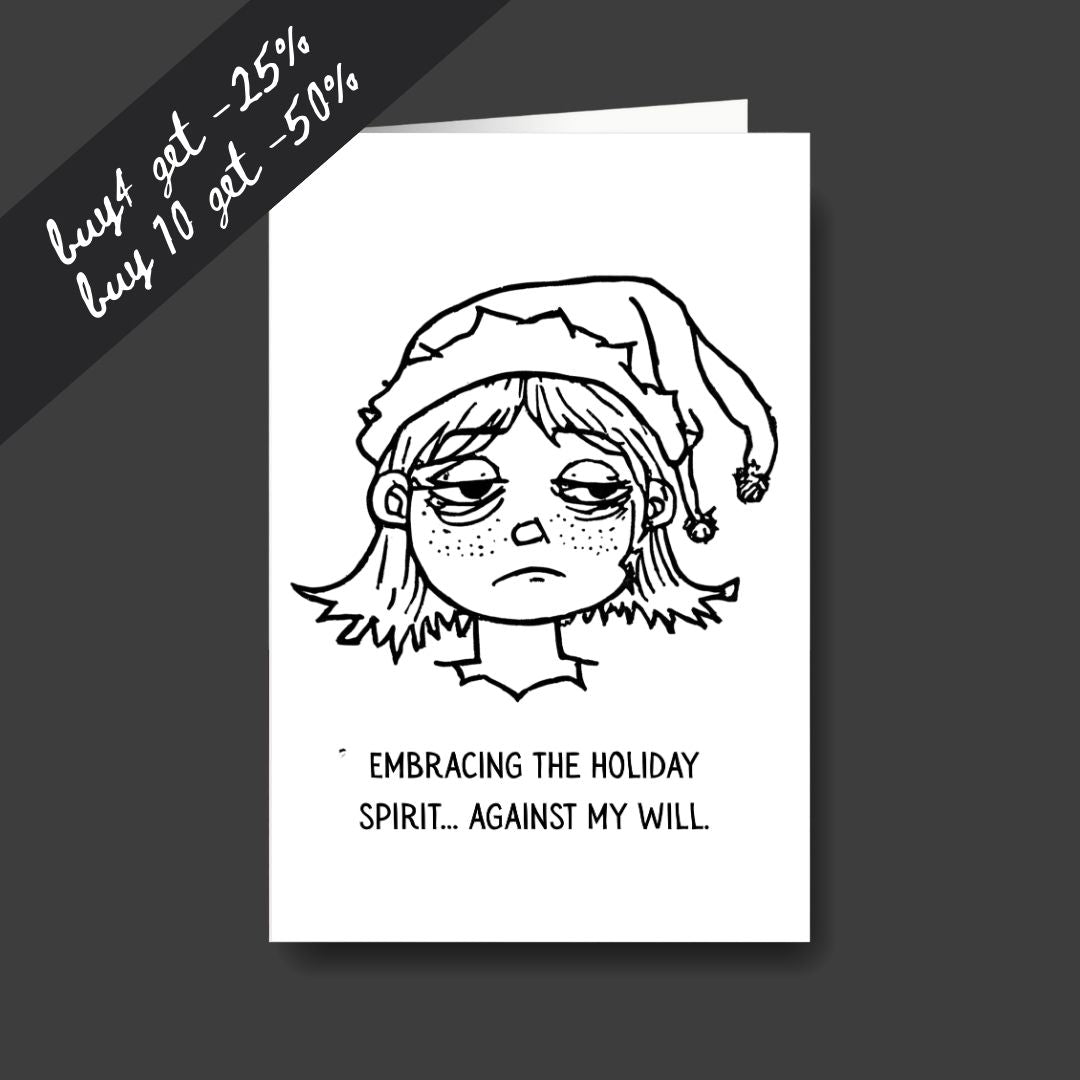 a tired elf sad Christmas greeting card