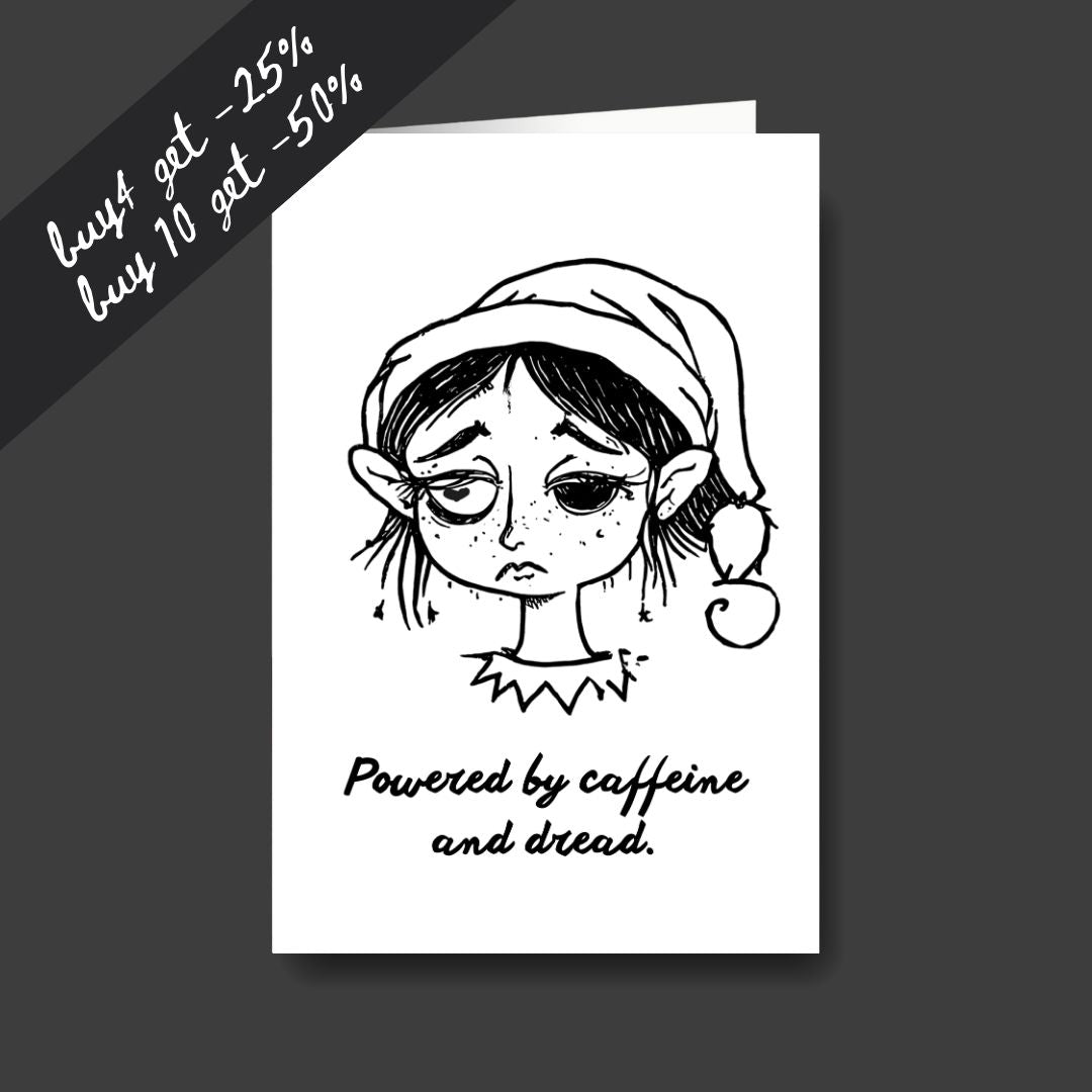 a tired elf sad Christmas greeting card