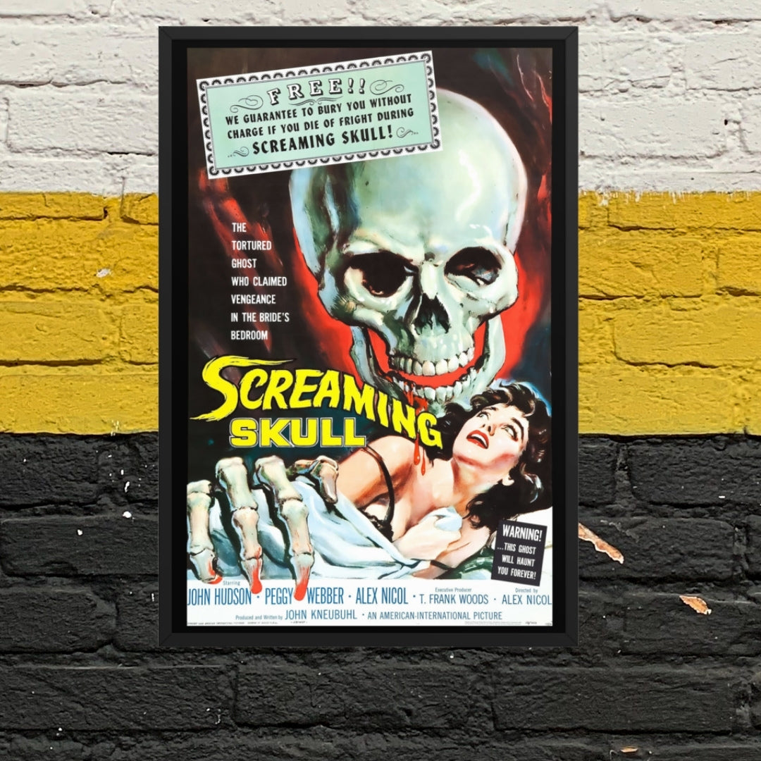 a vintage framed poster of the movie "Screaming skull"