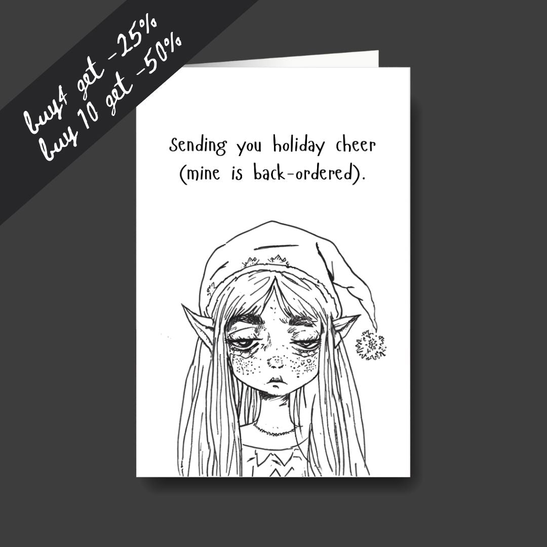 a tired elf sad Christmas greeting card
