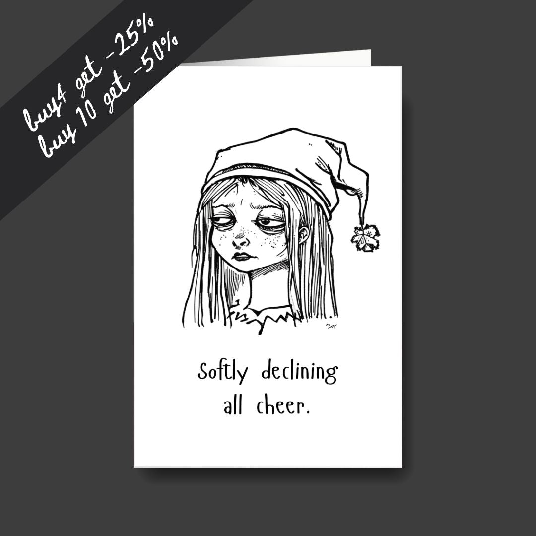 a tired elf sad Christmas greeting card