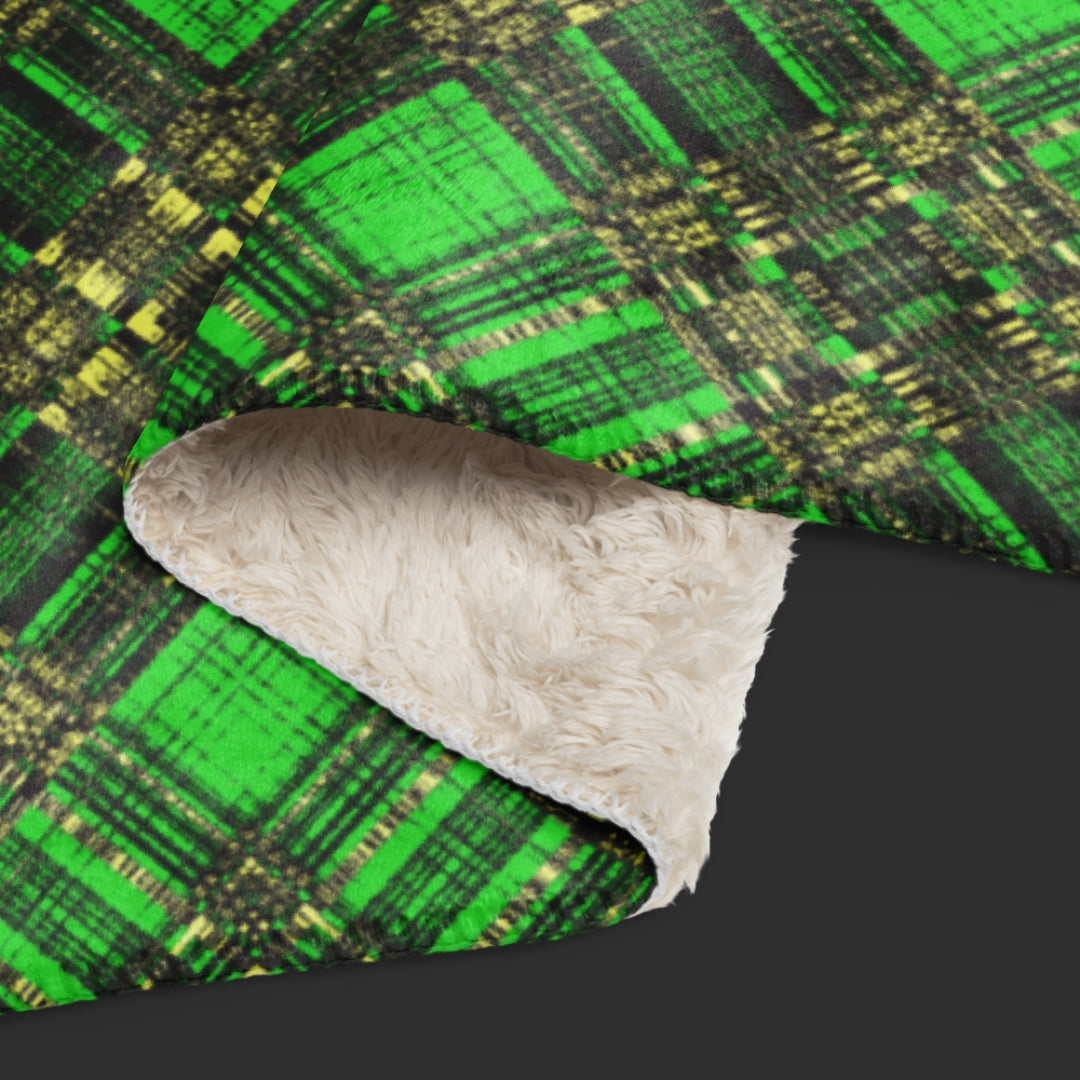 large fleece sherpa blanket with a distressed plaid pattern in lime green and yellow