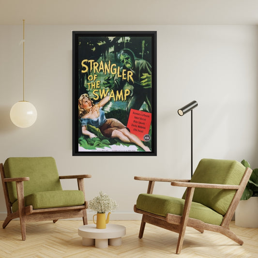 a framed poster of the vintage horror movie strangler of the swamp on a wall