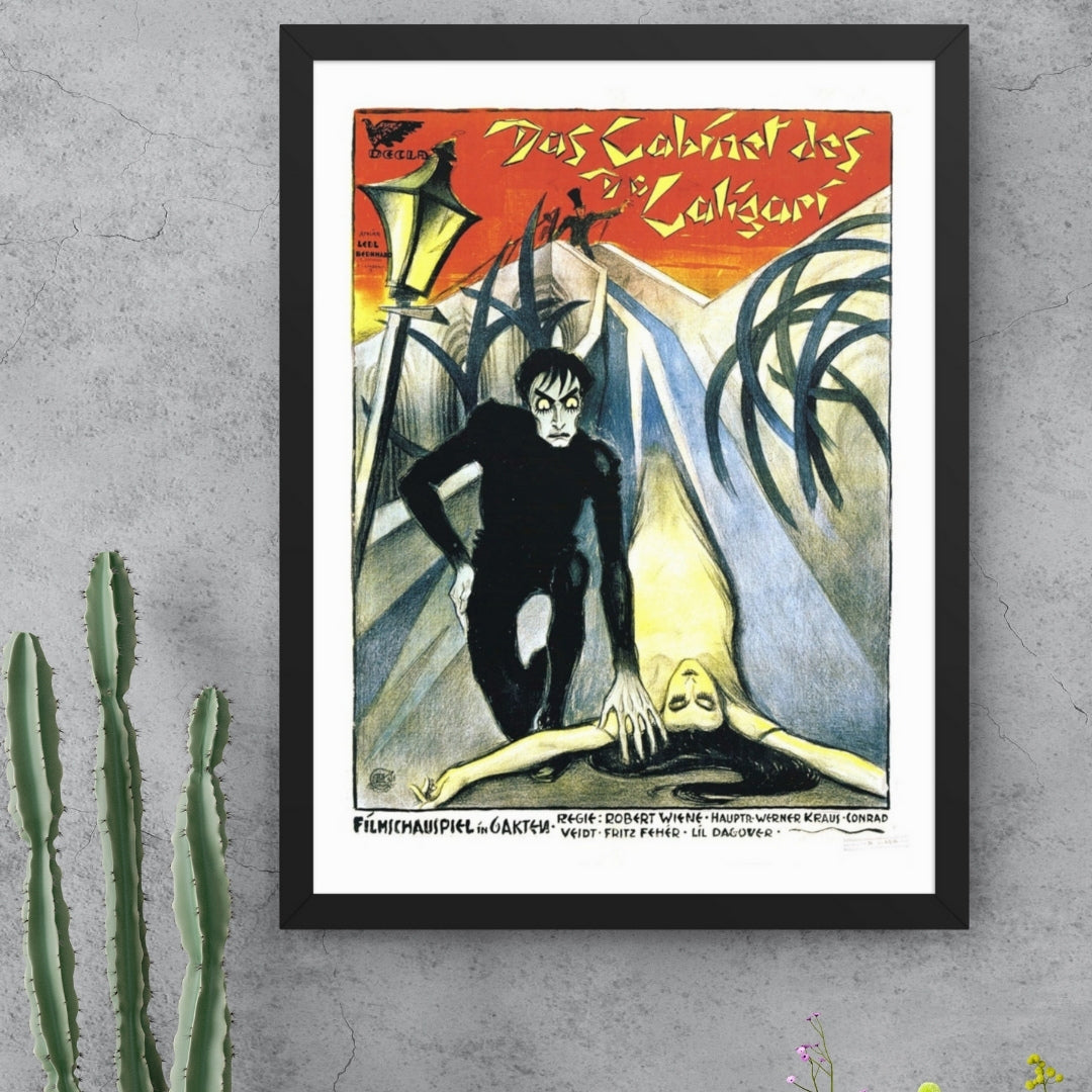 a framed vintage poster for the movie The Cabinet of Dr. Caligari