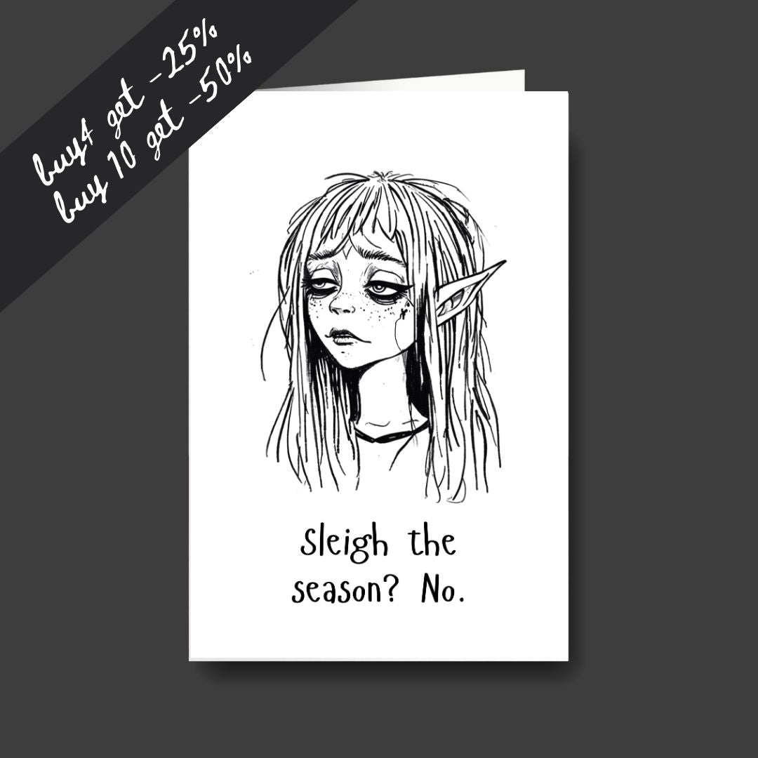 a tired elf sad Christmas greeting card