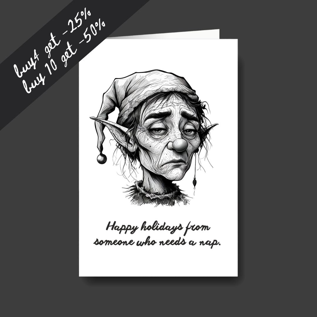 a tired elf sad Christmas greeting card