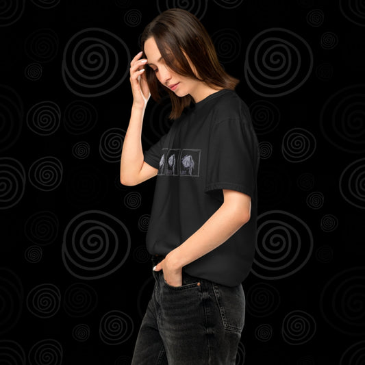 Woman wearing a black comfort colors 1717 tee with emo wilted flowers and words fade bleed lost
