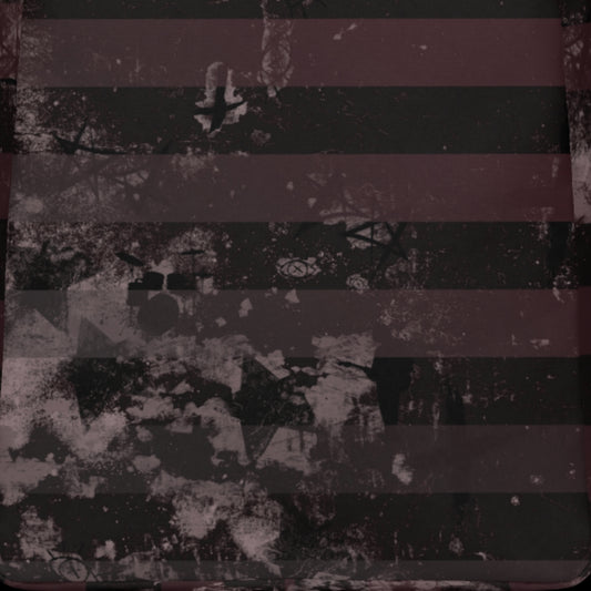 a grunge striped backpack in deep burgundy red and black, with a grungy collage that's visible close-up.