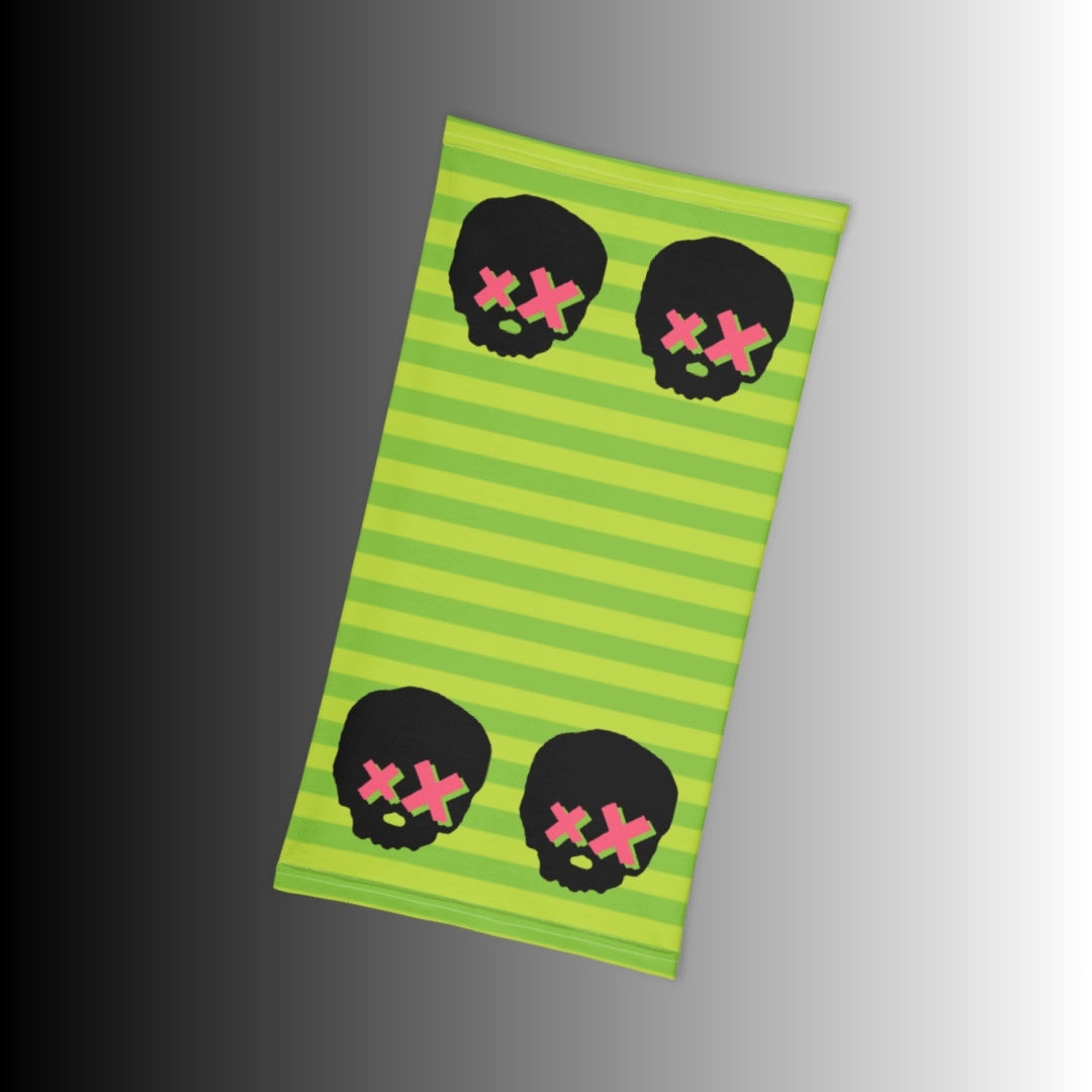 grunge striped neck gaiter with x-eyed skulls