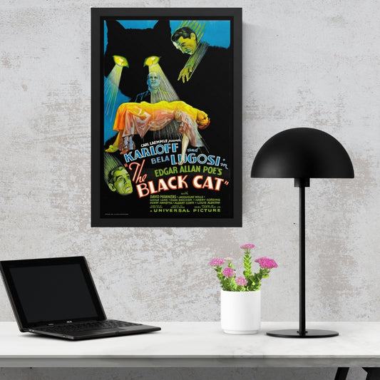 a large framed poster for the vintage horror movie "the black cat"  above a desk