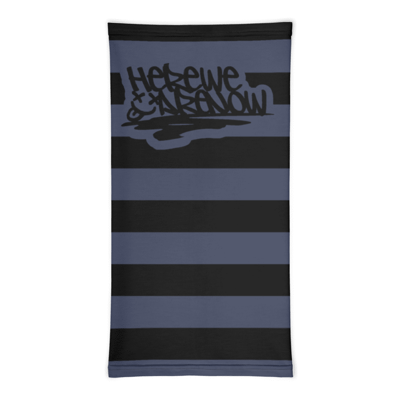 a neck gaiter with wide grunge style stripes and text "here we are noW"