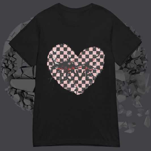 black graphic alt t-shirt with an emo style cracked distressed checkered heart