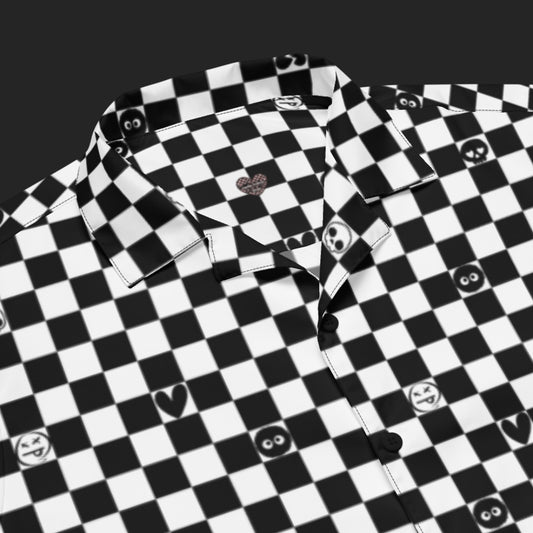 a black and white checkered button up shirt with emo symbols