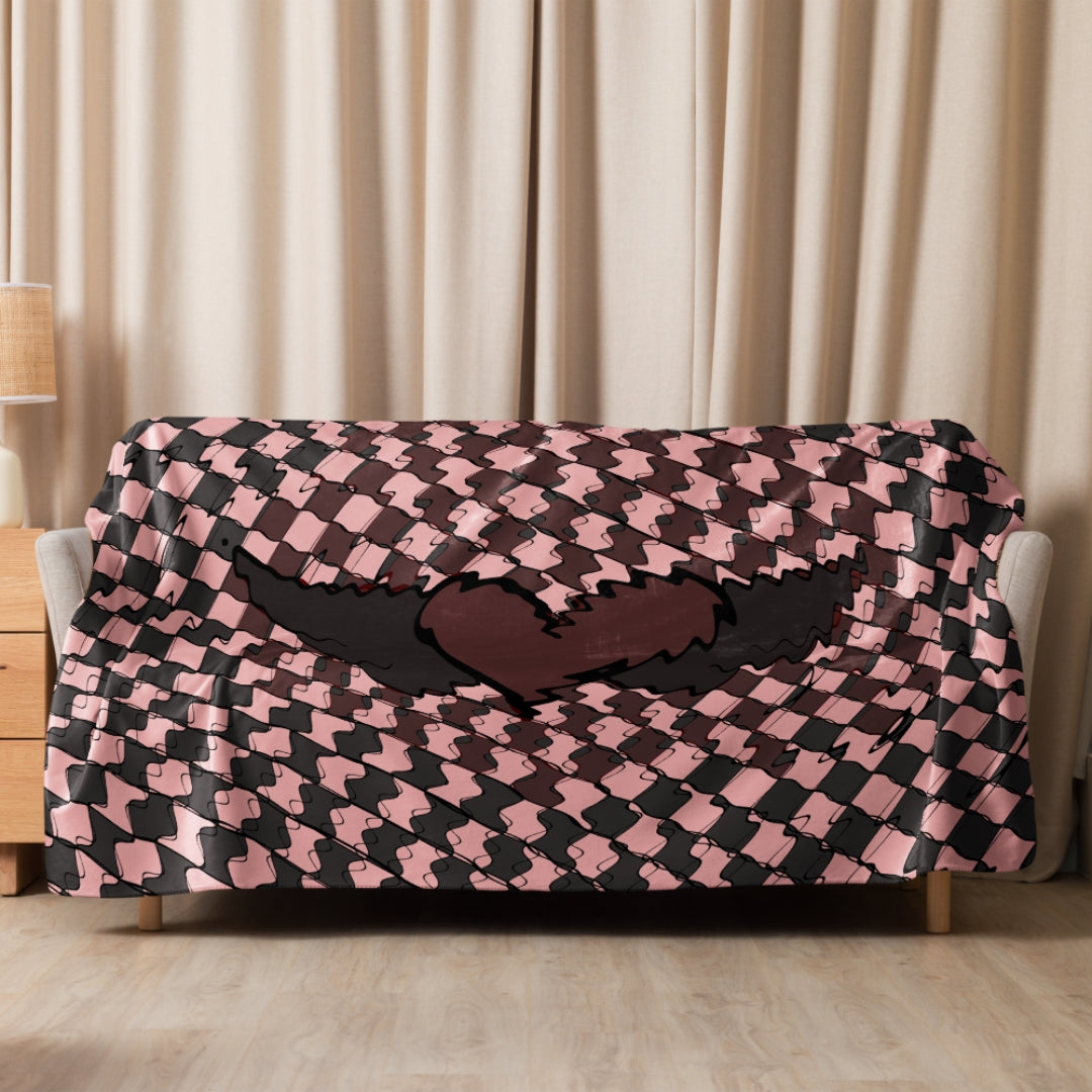Distorted heart sherpa blanket with warped pink and black checker pattern, oversized emo aesthetic cozy throw