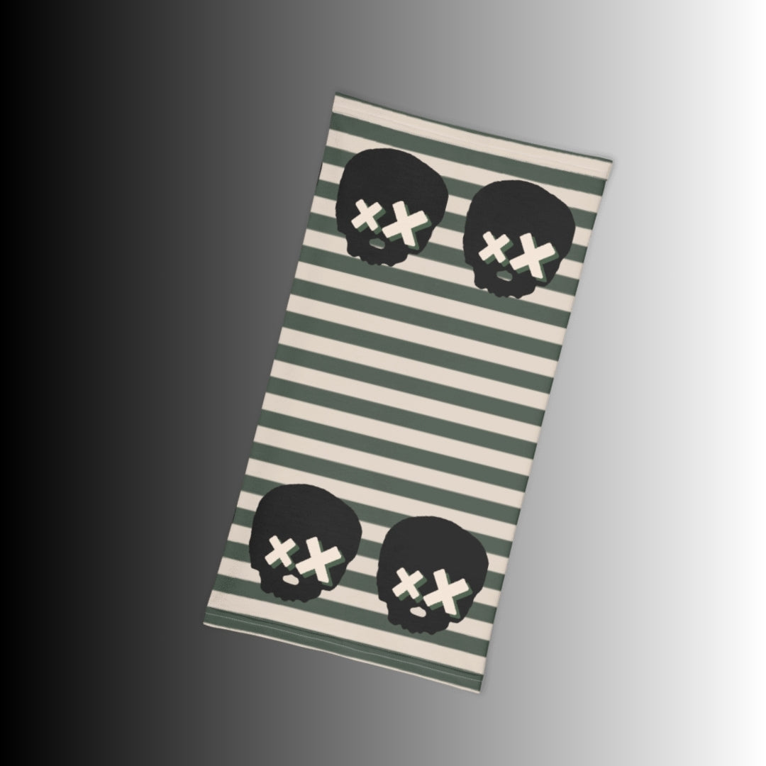 grunge striped neck gaiter with x-eyed skulls