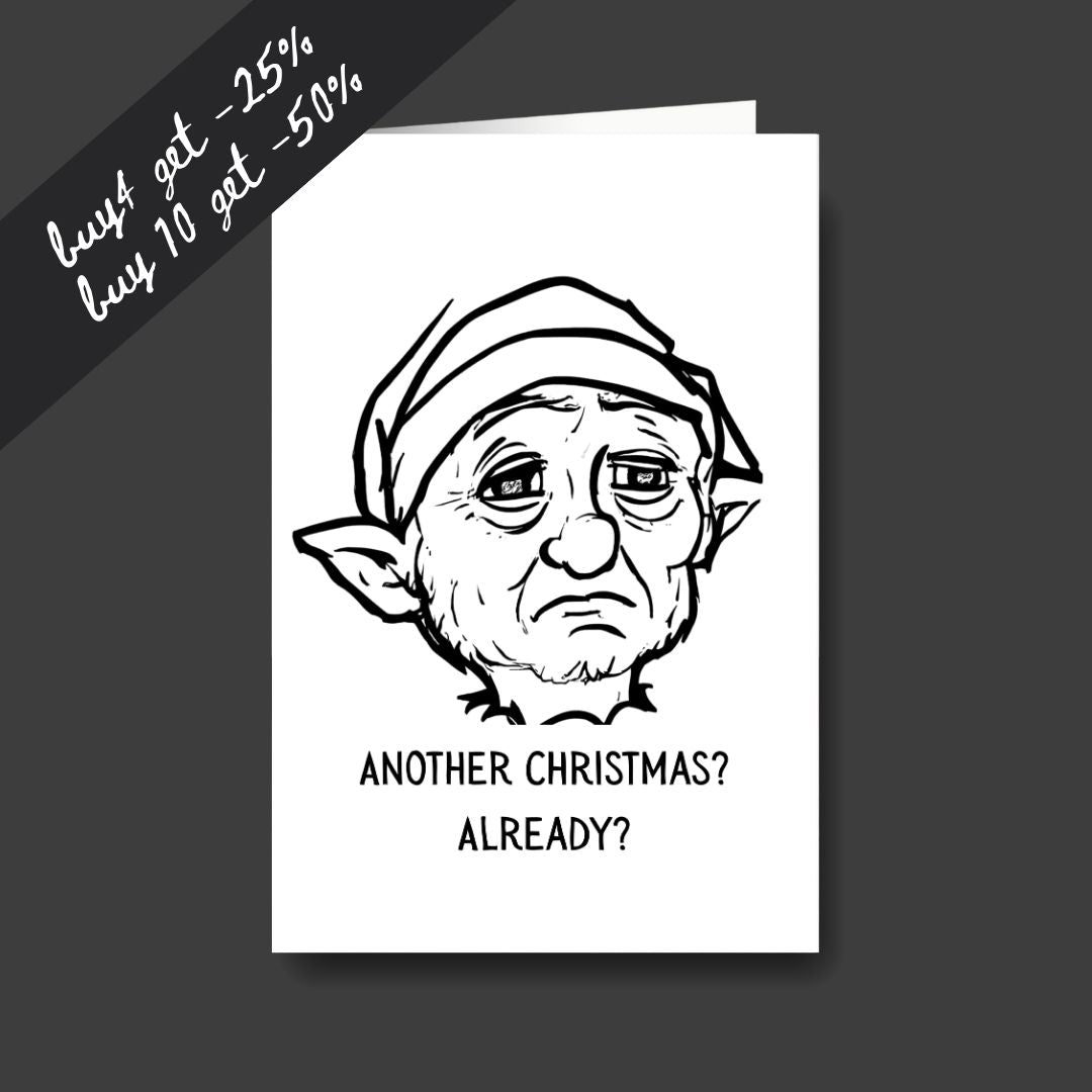 a tired elf sad Christmas greeting card