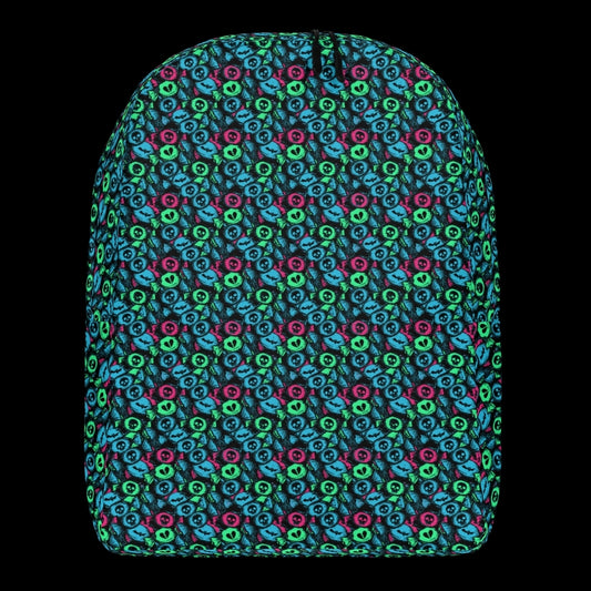 a backpack with an alt emo skull candy pattern in teal pink and green