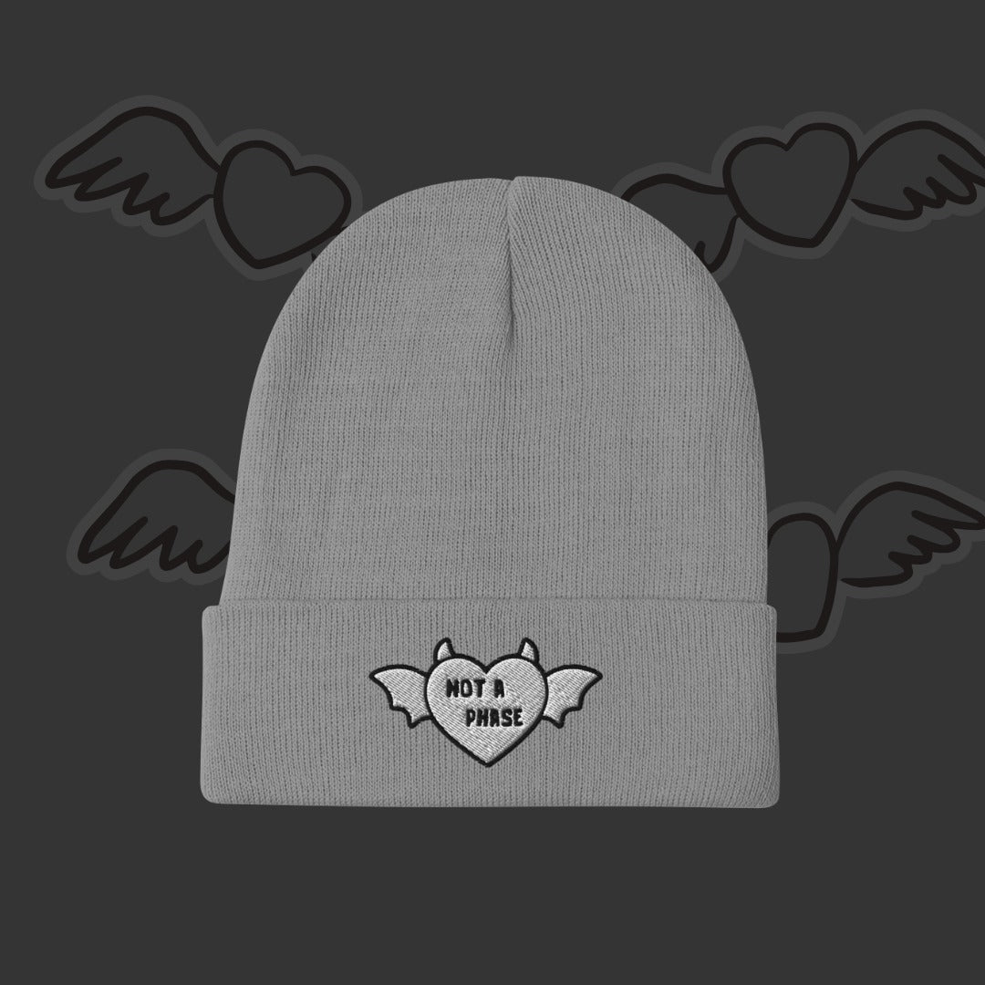 an embroidered beanie with a winged a horned heart and text "not a phase"