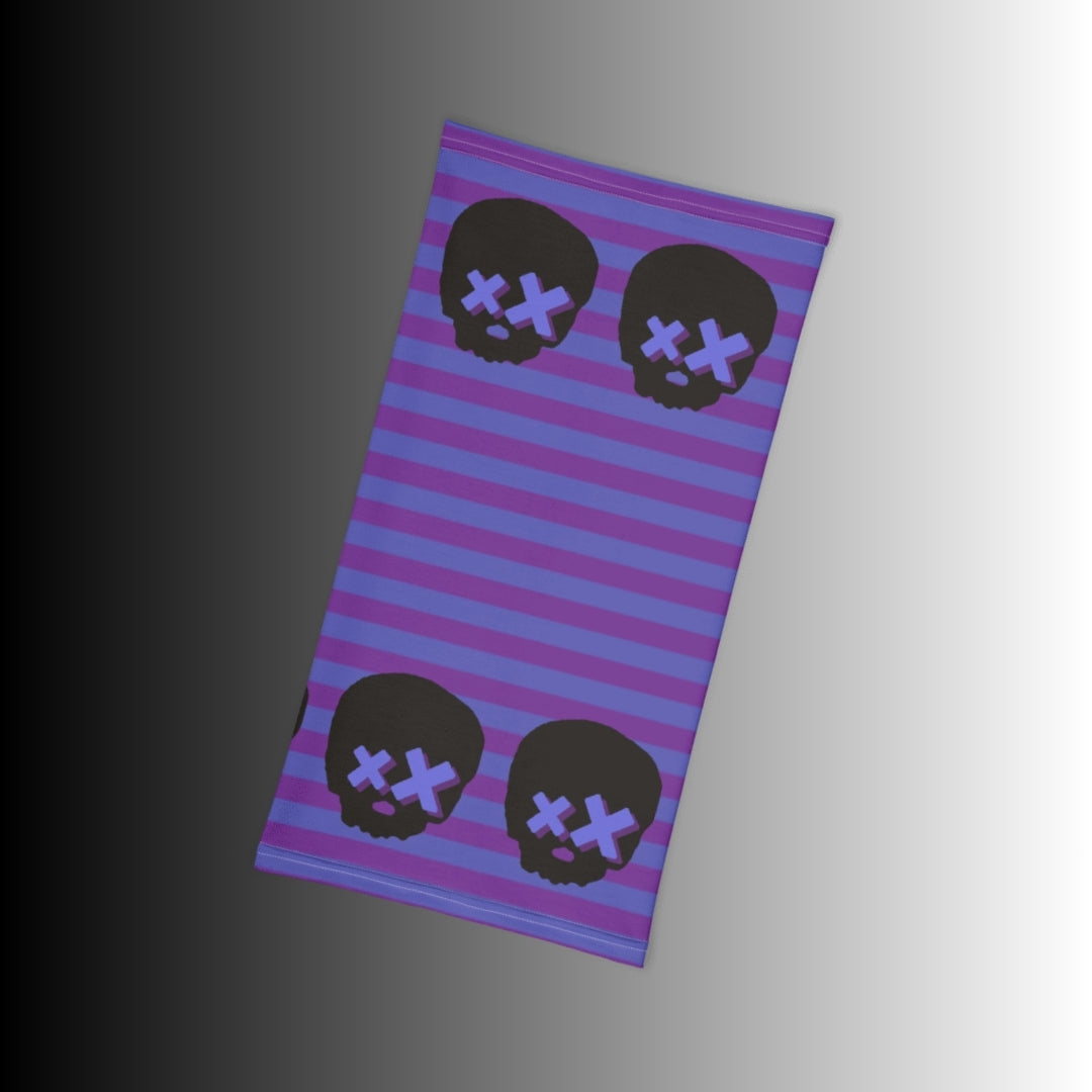grunge striped neck gaiter with x-eyed skulls