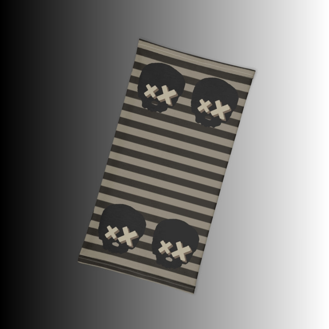 grunge striped neck gaiter with x-eyed skulls