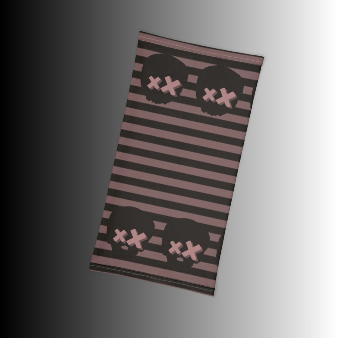 grunge striped neck gaiter with x-eyed skulls