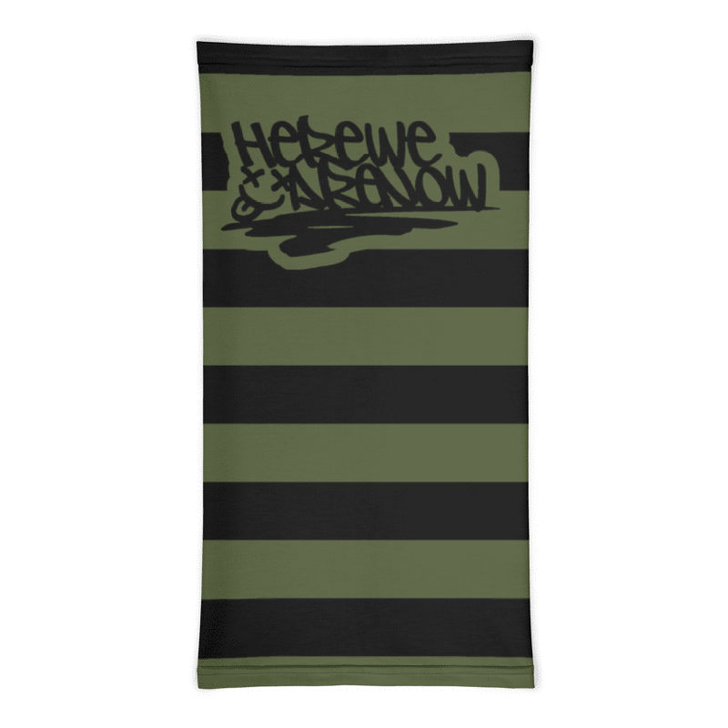 a neck gaiter with wide grunge style stripes and text "here we are noW"