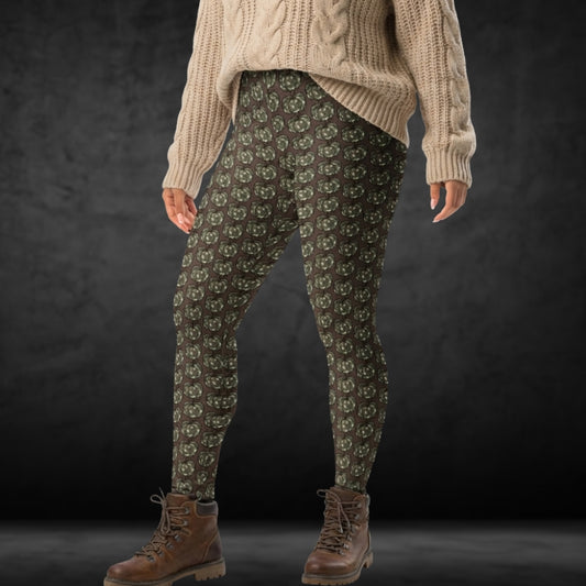 Person wearing leggings with camouflage colored pumpkins on brown background, together with a large knit and boots