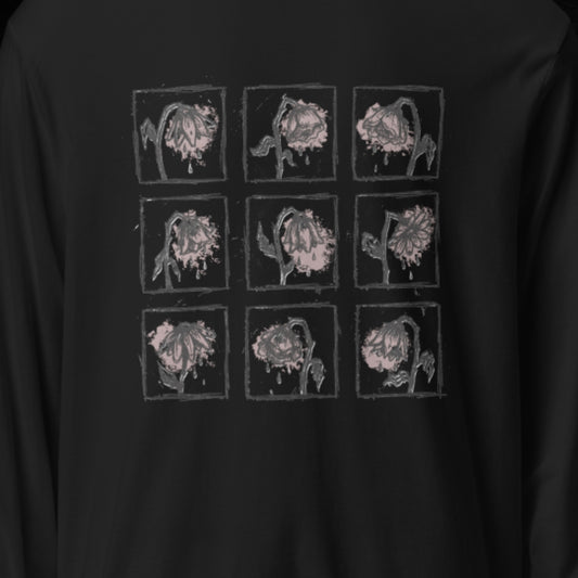 a black bella canvas hooded long sleeve tee with a grid of wilting emo flowers