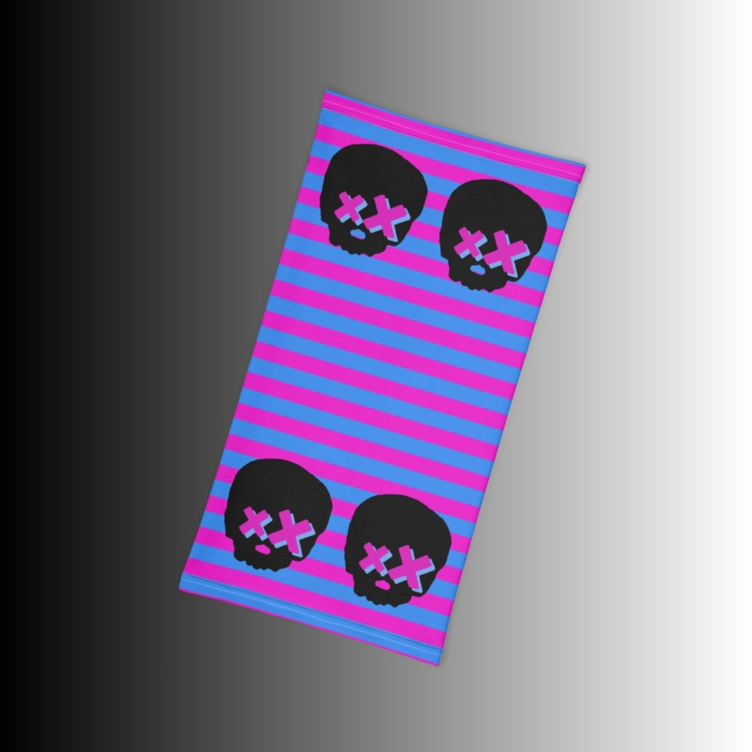 grunge striped neck gaiter with x-eyed skulls