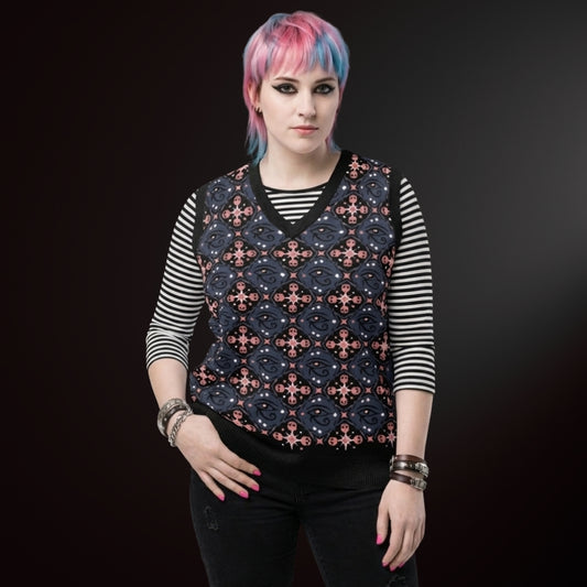Alt style person wearing a knit vest with a mysterious eye and skulls pattern in blue and pink