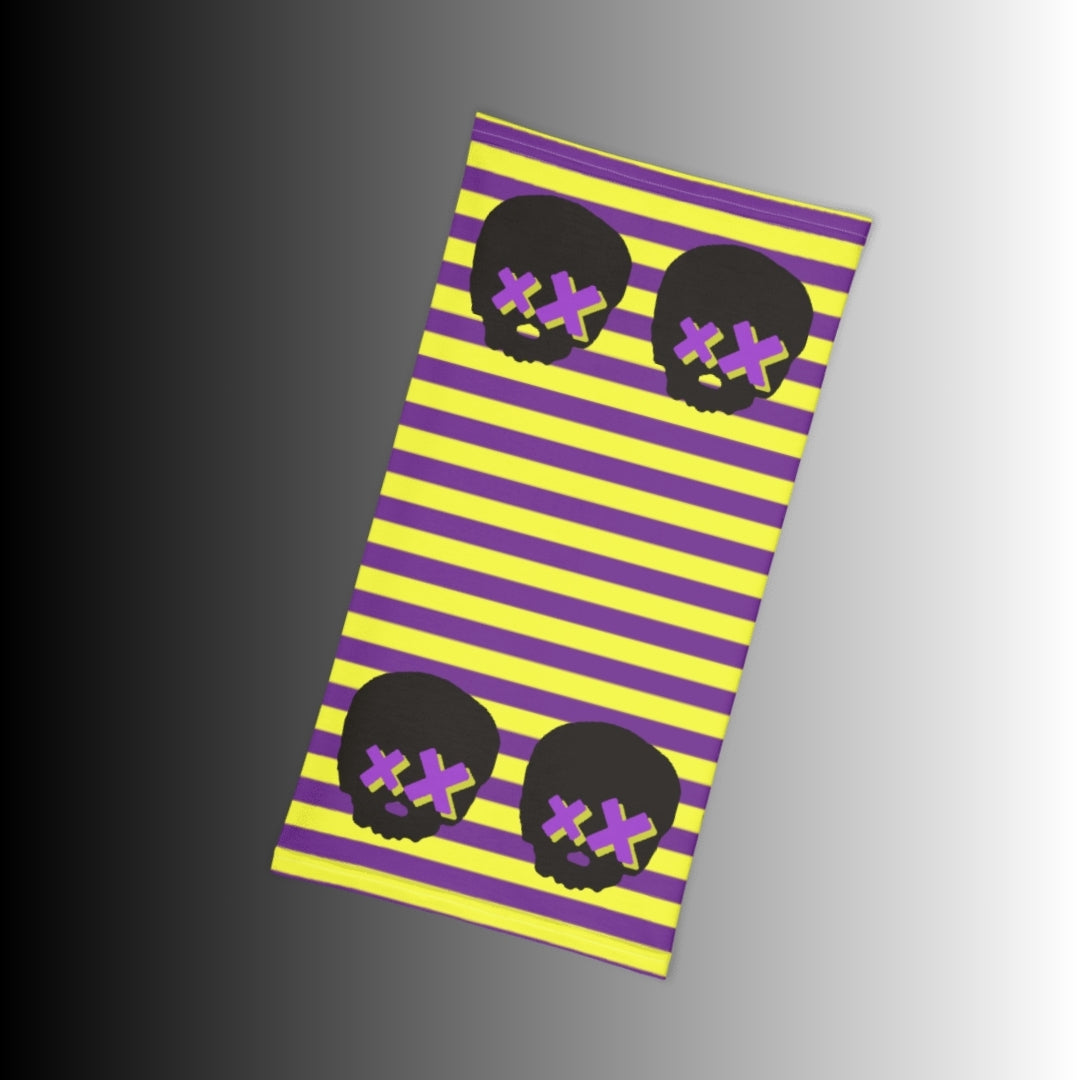 grunge striped neck gaiter with x-eyed skulls