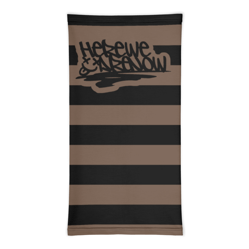 a neck gaiter with wide grunge style stripes and text "here we are noW"