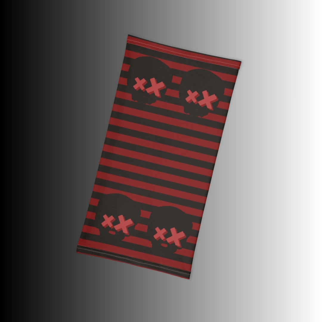 grunge striped neck gaiter with x-eyed skulls