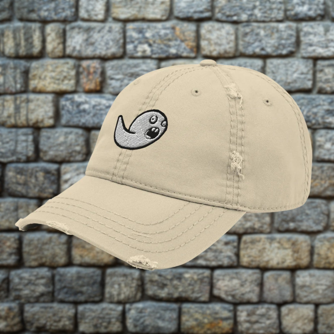 Khaki beige distressed otto cap dad hat with embroidered stupefied emo ghost