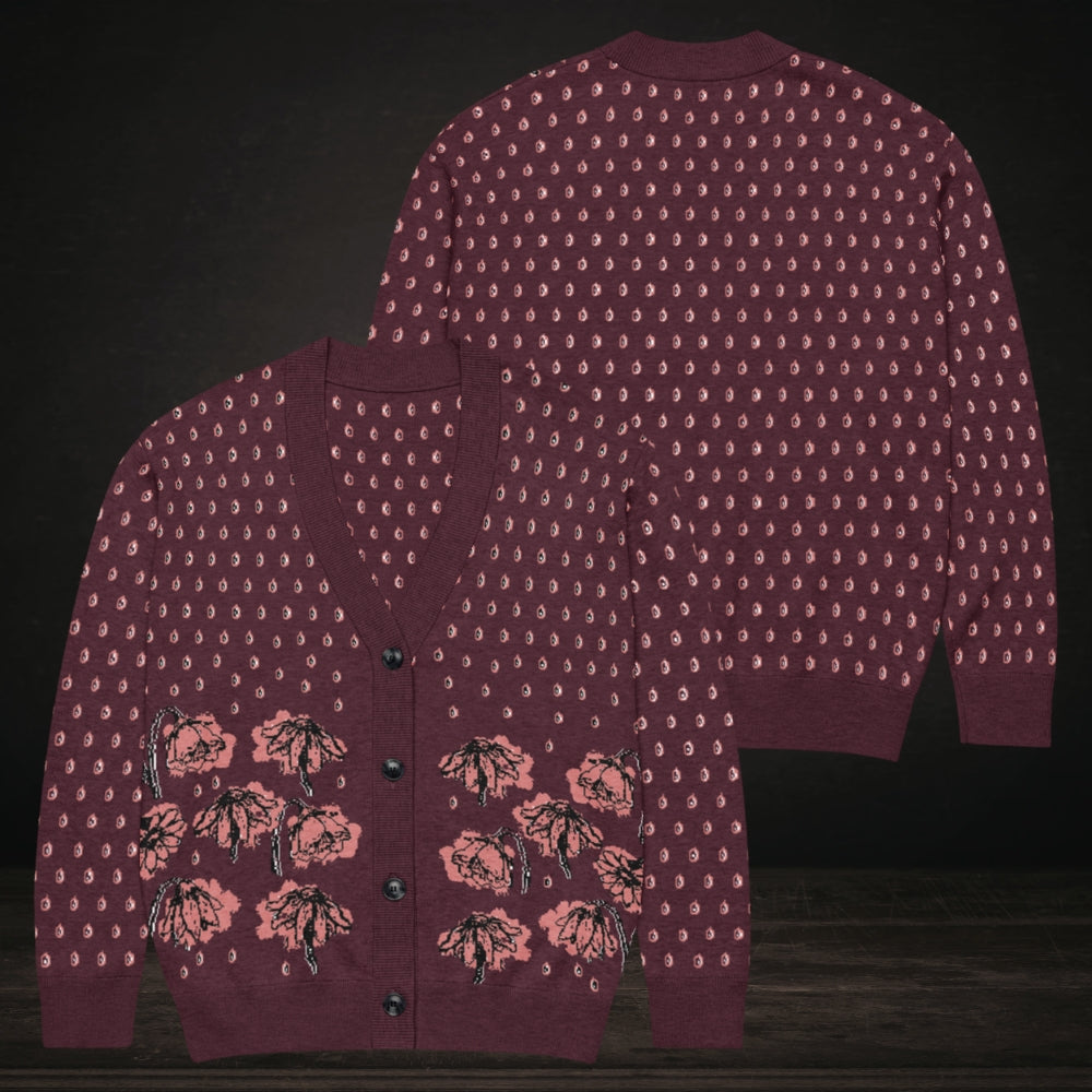 An emotional burgundy knitted cardigan with tears and crying flowers