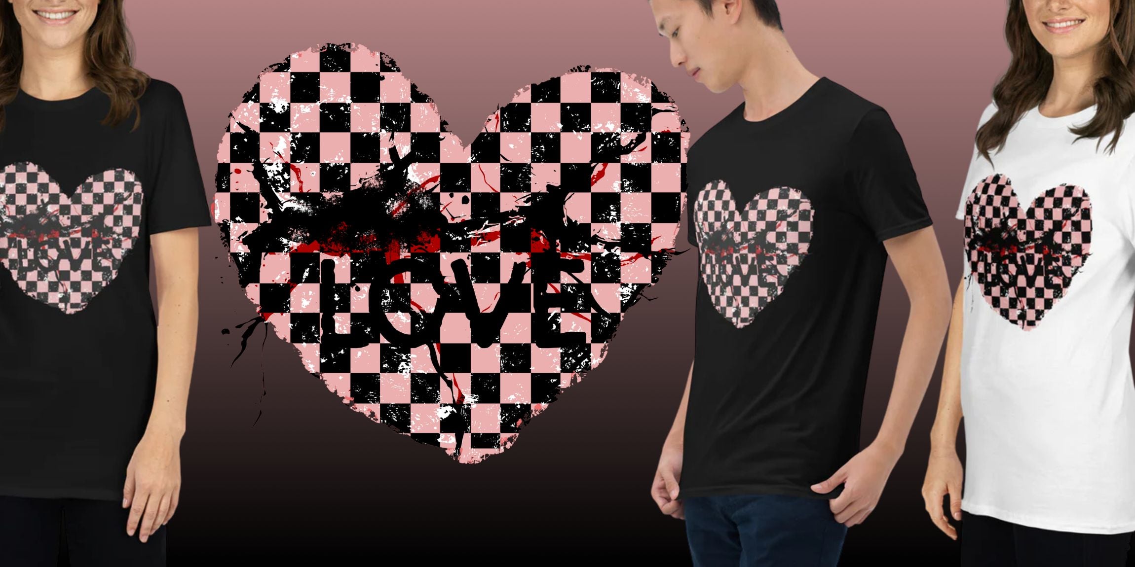 An emo core design of a cracked checkered heart with the word love subtly visible for tshirts and other products