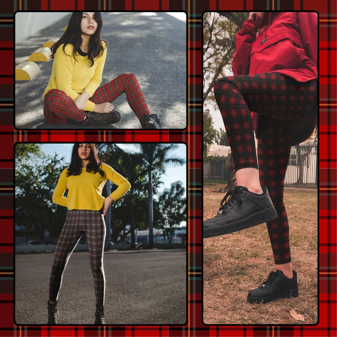 collage of people wearing punk tartan pattern leggings