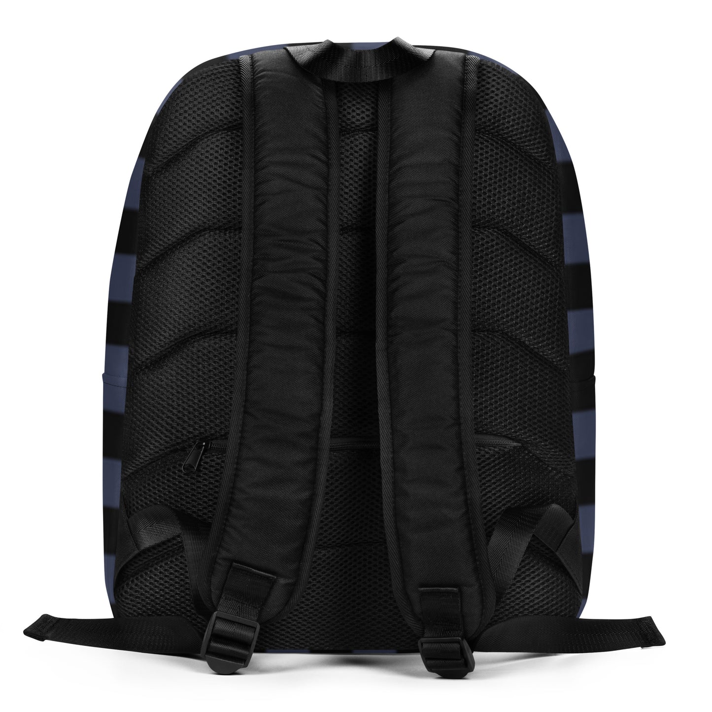 Backpack with grunge style dark wide stripes and text "here we are now"