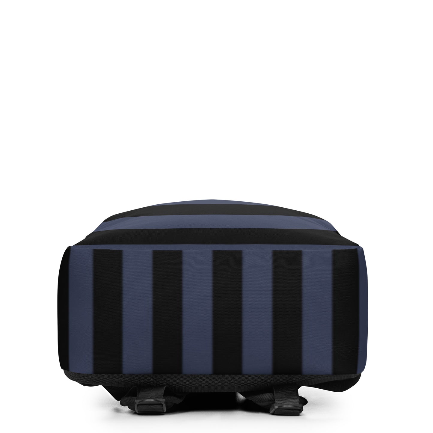 Backpack with grunge style dark wide stripes and text "here we are now"