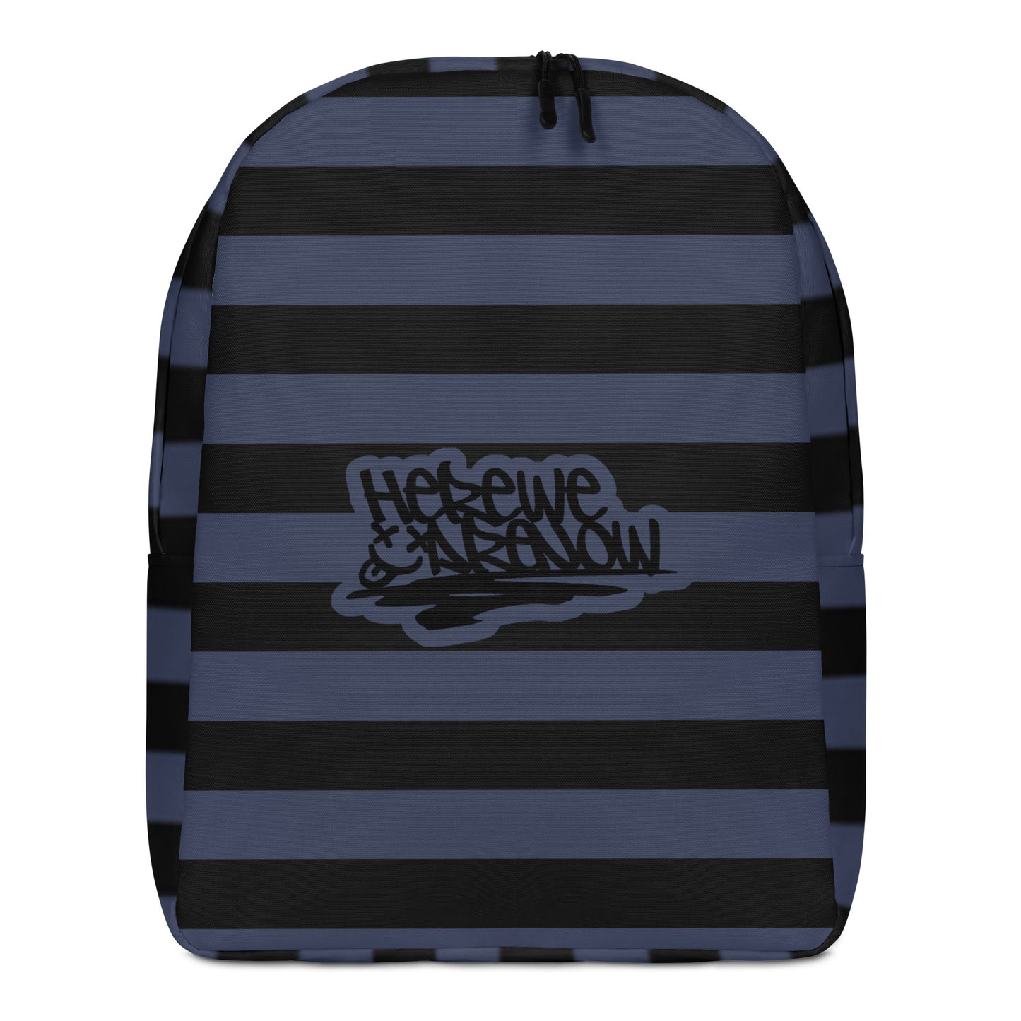 Backpack with grunge style dark wide stripes and text "here we are now"